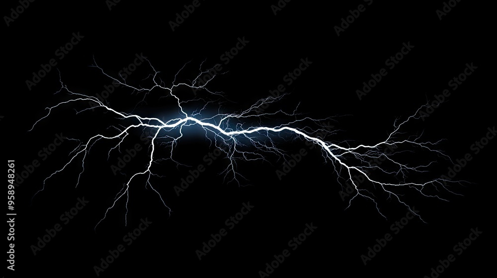 Poster isolated lightning bolt with branch-like tendrils, set against a solid black backdrop, emphasizing t