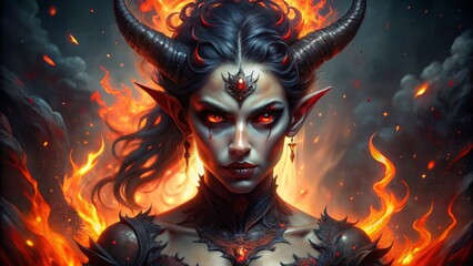 Fototapeta premium A fantasy illustration of a seductive, horned female demon with glowing red eyes and sharp claws, surrounded by