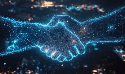 Digital Handshake Composed of Glowing Blue Lines and Dots
