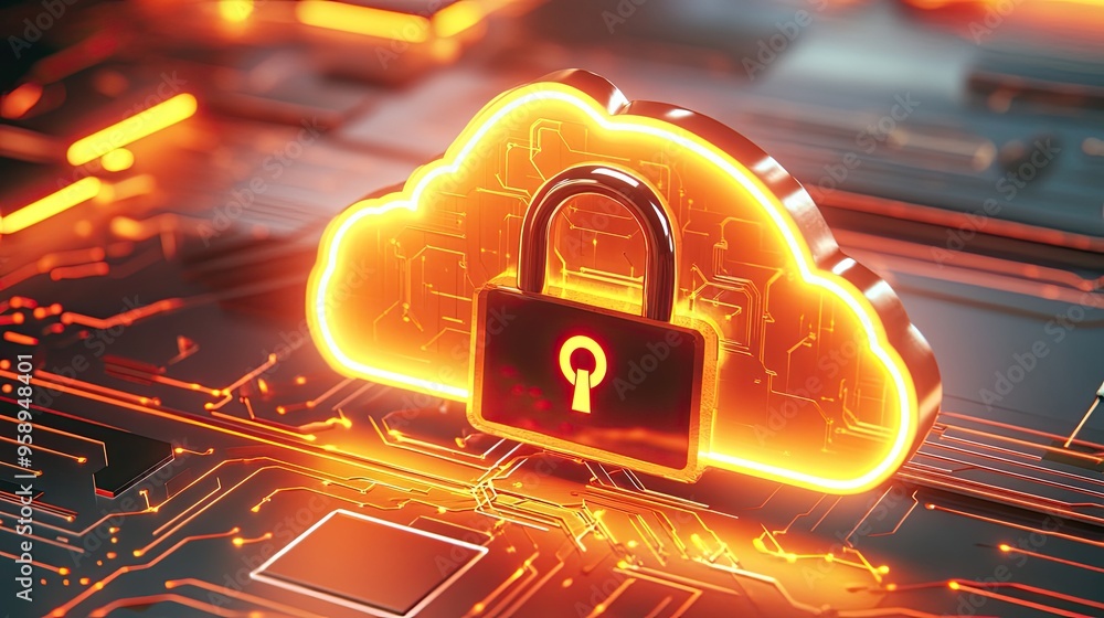 Poster a digital cloud symbol with a padlock, representing data security and privacy.