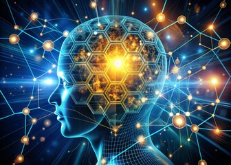 A futuristic computer interface displays a hive mind concept with glowing nodes and lines, representing advanced