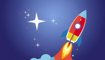 Illustration of a colorful cartoon rocket ship blasting off into a night sky, with clouds in the foreground