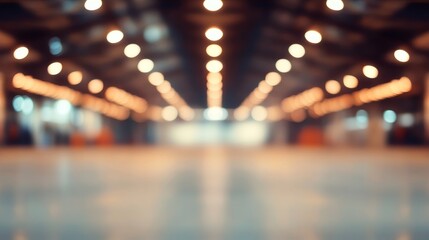 A blurred interior space with warm lighting, suggesting a large venue for events or gatherings.