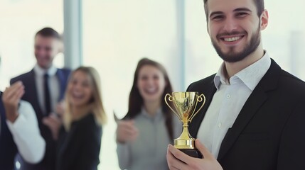 A man in a suit smiles broadly while holding up a trophy, surrounded by cheering colleagues.