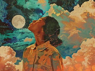 A woman with closed eyes looks up at a full moon in a surreal, colorful sky.