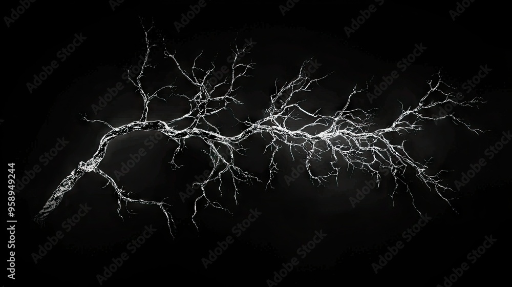 Poster lightning bolt with detailed branching structure, isolated on a pitch-black background, emphasizing 