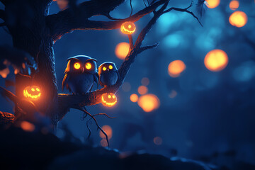 A mystical night scene featuring owls perched on a tree with glowing pumpkins, creating an enchanting autumn atmosphere.