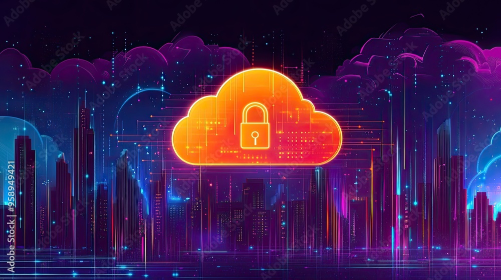 Poster a digital cloud with a padlock symbol, representing data security in a futuristic cityscape.