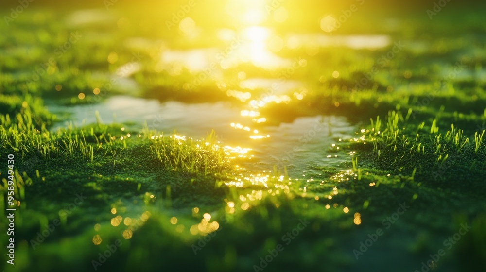 Poster a field of grass with a sun shining on it