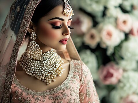 Indian/Pakistani/Bangladeshi bride in pink/beige lehenga, Traditional wedding saree jewelry