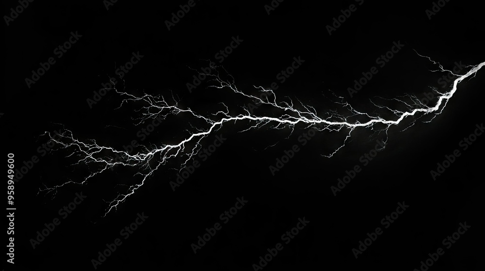Poster lightning bolt with extensive branching, isolated on a solid black background, highlighting the intr