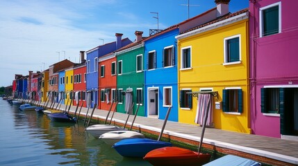 Obraz premium Colorful Houses Line a Tranquil Canal with Docked Boats