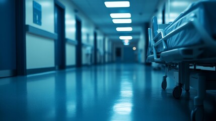 Fototapeta premium A dimly lit hospital corridor with a bed, conveying a sense of calm and care in a medical environment.