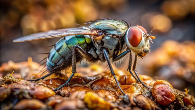 A macro shot of a fly perched on a pile of feces, highlighting the intricate details of the