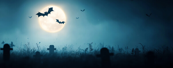 Eerie night scene featuring a full moon, flying bats, and silhouettes of grave markers in a misty graveyard.
