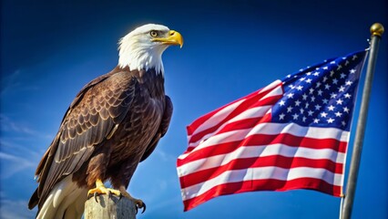 A majestic bald eagle perched atop a waving American flag, talons grasping the pole, symbolizing freedom, strength, and