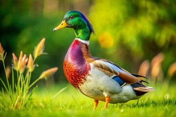 Obraz premium A majestic cockduck, a cross between a chicken and a duck, struts confidently in a lush green meadow,