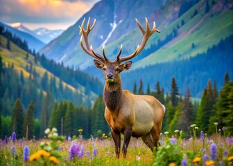 Fototapeta premium A majestic female elk with a impressive rack of antlers stands proudly in a serene mountain meadow, surrounded