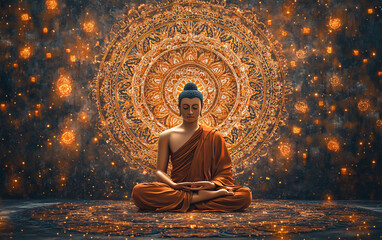 Buddha Meditating in the Center of a Glowing Mandala, Radiating Golden Light and Spiritual Patterns, Mystical and Serene Atmosphere for Meditation, Tranquility, and Spiritual Awakening
