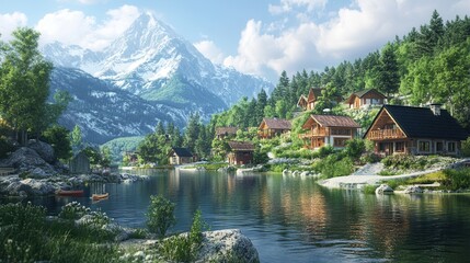 Fototapeta premium A serene mountain village landscape with wooden cabins by a tranquil lake, surrounded by lush greenery and majestic peaks.