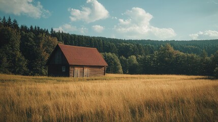 Obraz premium A serene rural landscape featuring a wooden cabin amidst golden grass and lush trees, under a clear blue sky.