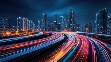 Fototapeta premium Long exposure shot of colorful light trails with a city skyline in the background, capturing the essence of motion and modernity.
