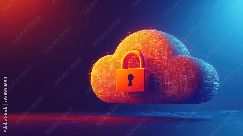 Poster a digital cloud with a lock symbol, representing data security and privacy.