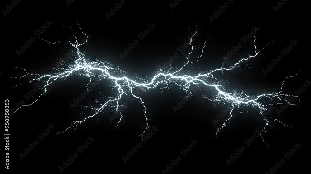 Poster massive lightning bolt with elaborate branching patterns, isolated against a dark backdrop, illustra