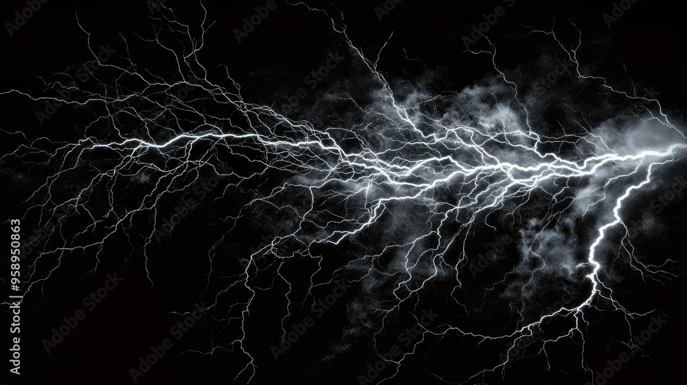Poster massive lightning bolt with elaborate branching patterns, isolated against a dark backdrop, illustra