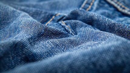 Close-up of blue denim fabric with visible texture and stitching.