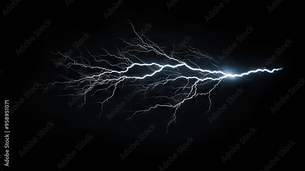 Poster massive lightning bolt with intricate branches lighting up the dark sky, isolated on a black backgro