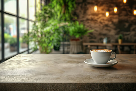 A rustic stone table top with ample copy space, set against a blurred coffee shop interior, perfect for product photography