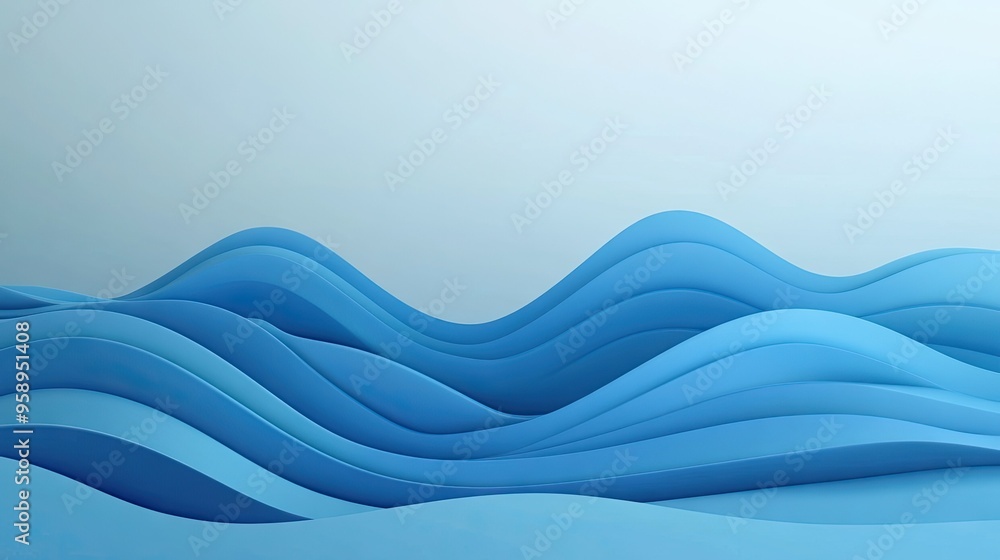 Poster minimalist abstract blue waves on a gradient background, with smooth transitions and a sense of dept