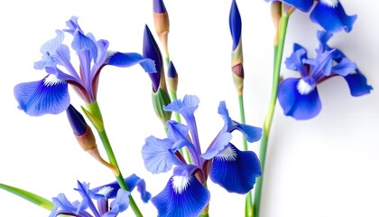 Purple and white iris flowers isolated on white background,
