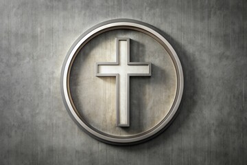 A modern, minimalist icon featuring a stylized Christian cross surrounded by a circular frame with elegant lines and