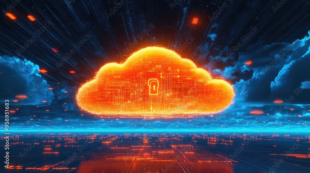 Poster a digital cloud symbol with a lock, representing cybersecurity and data protection.