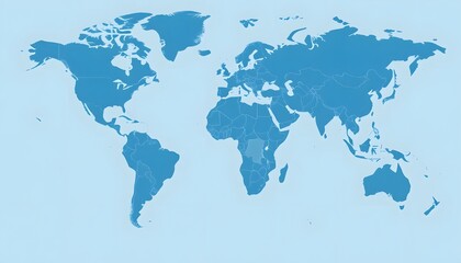 Obraz premium A detailed world map isolated on background and showing the continents and major landmasses in shades of blue