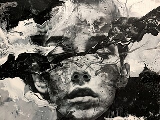 Abstract portrait of a woman's face with black and white paint splatter.
