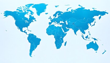 Fototapeta premium A detailed world map isolated on background and showing the continents and major landmasses in shades of blue