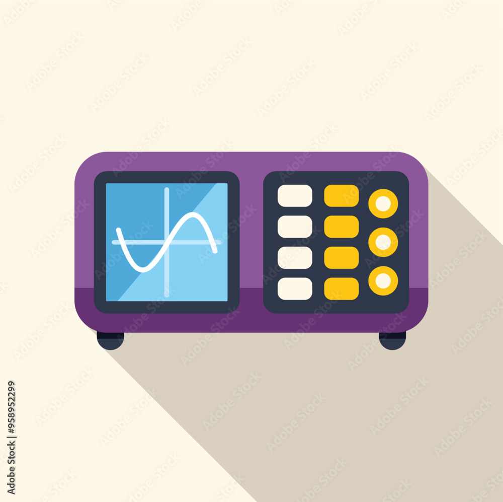 Poster purple digital oscilloscope displaying a sinus signal on its screen with buttons and controls