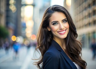 Obraz premium A radiant, dark-haired woman with flawless skin and bright smile poses confidently, showcasing her elegance and
