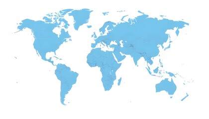 Obraz premium A detailed world map isolated on background and showing the continents and major landmasses in shades of blue