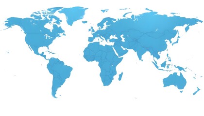 A detailed world map isolated on background and showing the continents and major landmasses in shades of blue