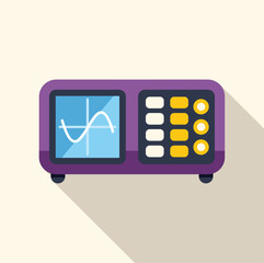 Purple digital oscilloscope displaying a sinus signal on its screen with buttons and controls