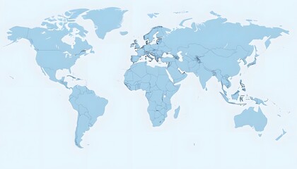 A detailed world map isolated on background and showing the continents and major landmasses in shades of blue
