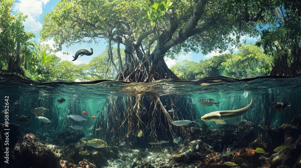 Wall mural A mangrove forest with roots submerged in water, home to anaconda snake , fish, birds, and crustaceans, illustrating a coastal ecosystem