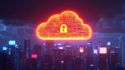 A digital cloud symbol with a padlock, representing data security over a cityscape.