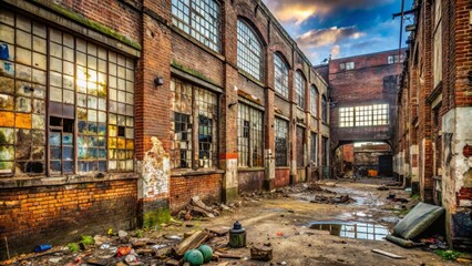 Fototapeta premium A rundown, graffiti-covered brick wall with broken windows, rusty pipes, and litter-strewn ground, exemplifying urban