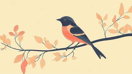 Fototapeta premium A vibrant bird perched on a branch amidst autumn leaves, showcasing beautiful colors and a peaceful nature scene.