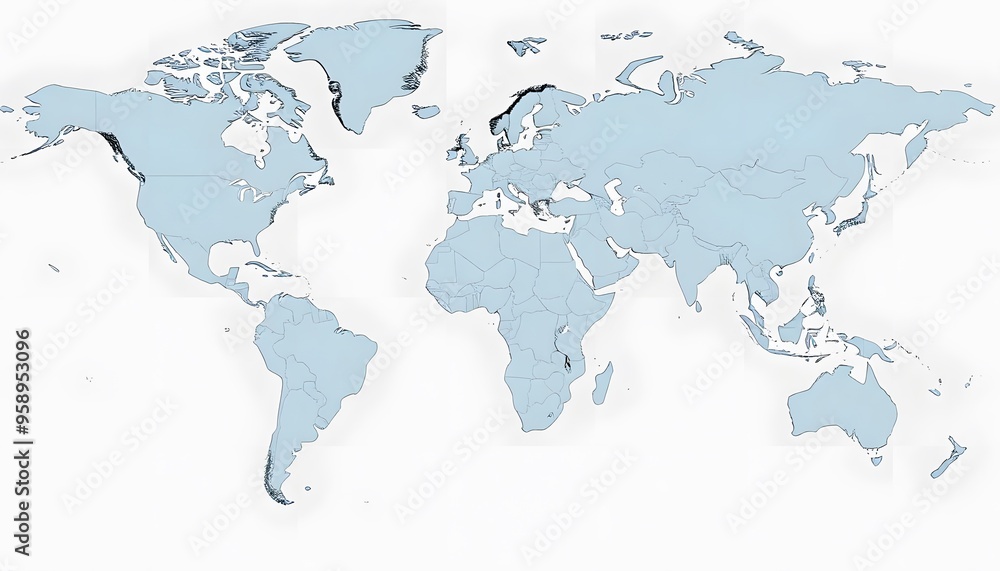 Wall mural a world map showing the continents and major landmasses in shades of blue